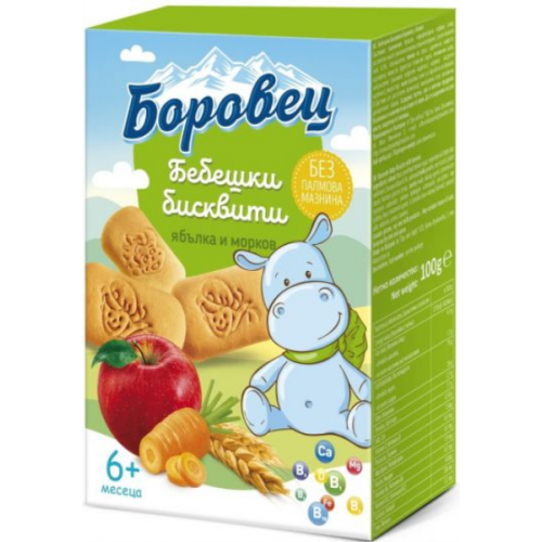 БЕБЕШКИ БИСКВИТИ БОРОВЕЦ С ЯБЪЛКА И МОРКОВ 100г КУТИЯ (6м+)