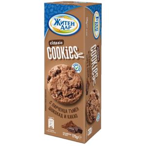 Б-ТИ ЖИТЕН ДАР ХРУПКАВИ COOKIES 0.175 С ПАРЧЕНЦА ТЪМЕН ШОКОЛАД И КАКАО