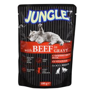 ДЖАНГЪЛ ПЪЛНОЦЕННА ХРАНА ЗА ВЪЗРАСТНИ КОТКИ С ТЕЛЕШКО МЕСО В СОС 100ГР.