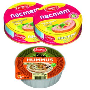 ПП КОМПАС ПАСТЕТ ПИЛ. ДРОБ 0.180 2бр+ХУМУС С МАСЛИНИ 0.125