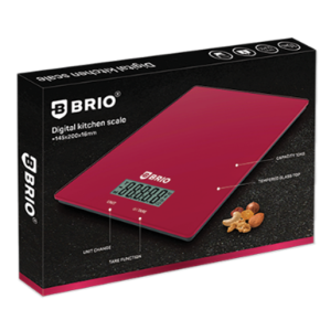 БРИО - ELECTRONIC KITCHEN SCALE, 20X14.5CM , 10KG CAPACITY, GLASS TOP, RED