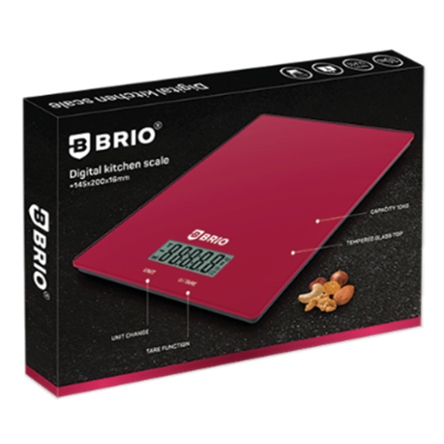 БРИО - ELECTRONIC KITCHEN SCALE, 20X14.5CM , 10KG CAPACITY, GLASS TOP, RED