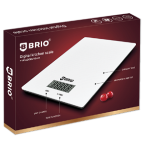 БРИО - ELECTRONIC KITCHEN SCALE, 20X14.5CM , 10KG CAPACITY, GLASS TOP, WHITE