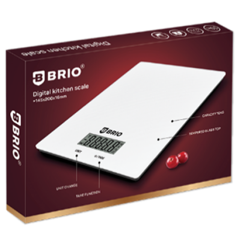 БРИО - ELECTRONIC KITCHEN SCALE, 20X14.5CM , 10KG CAPACITY, GLASS TOP, WHITE