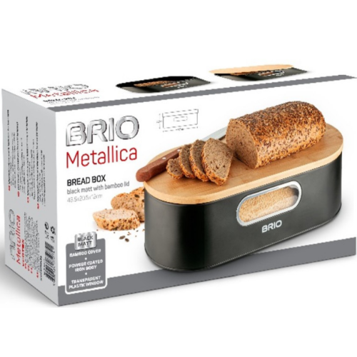 БРИО METALLICA-КУТИЯ ЗА ХЛЯБ-МЕТАЛНА-ЧЕРЕН МАТ С БАМБУКОВ КАПАК-43.5Х20.5Х12СМ-FTC2373