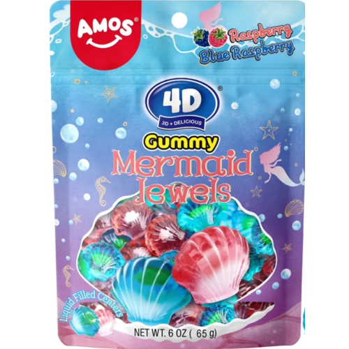 ЖЕЛИРАНИ Б-НИ AMOS 4D FRUIT GUMMY MERMAID JEWELS МАЛИНА И СИНЯ МАЛИНА 65ГР